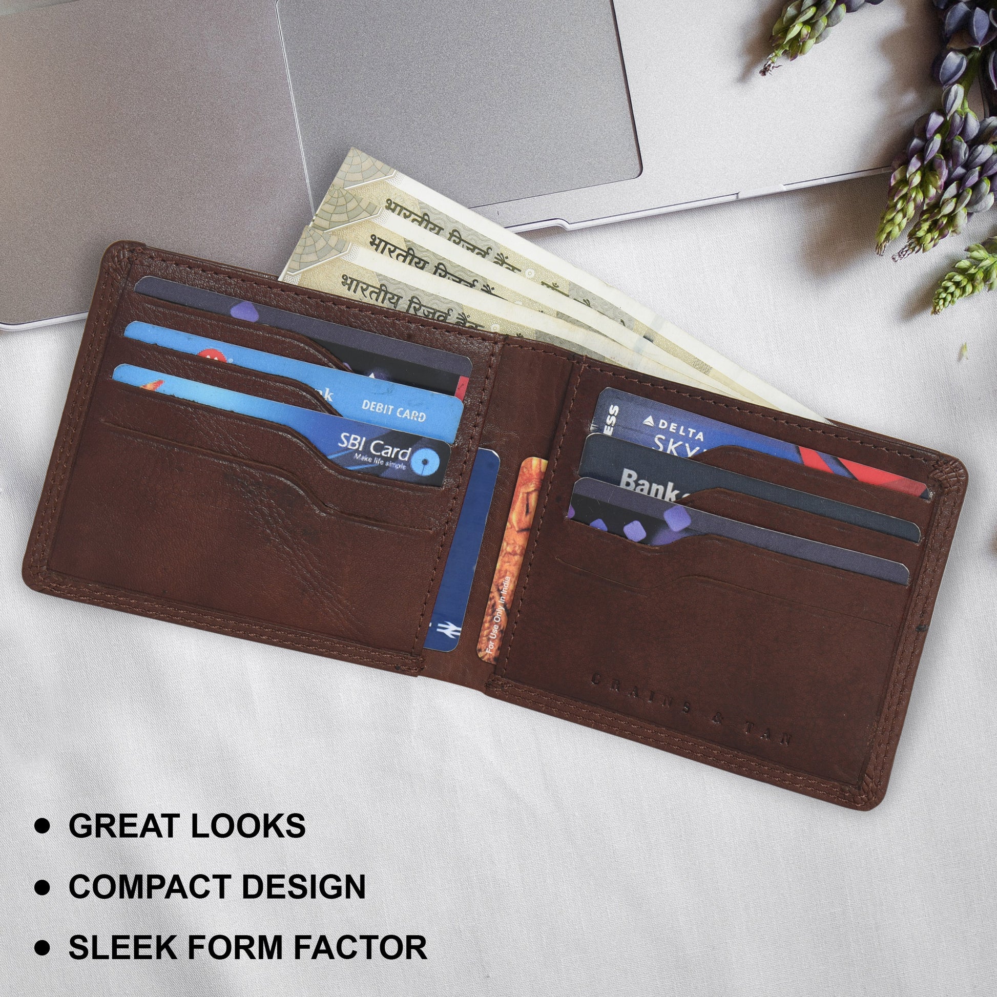 GT-003BF Tan Full-Grain Leather Bi-Fold Wallet: Slim RFID Wallet