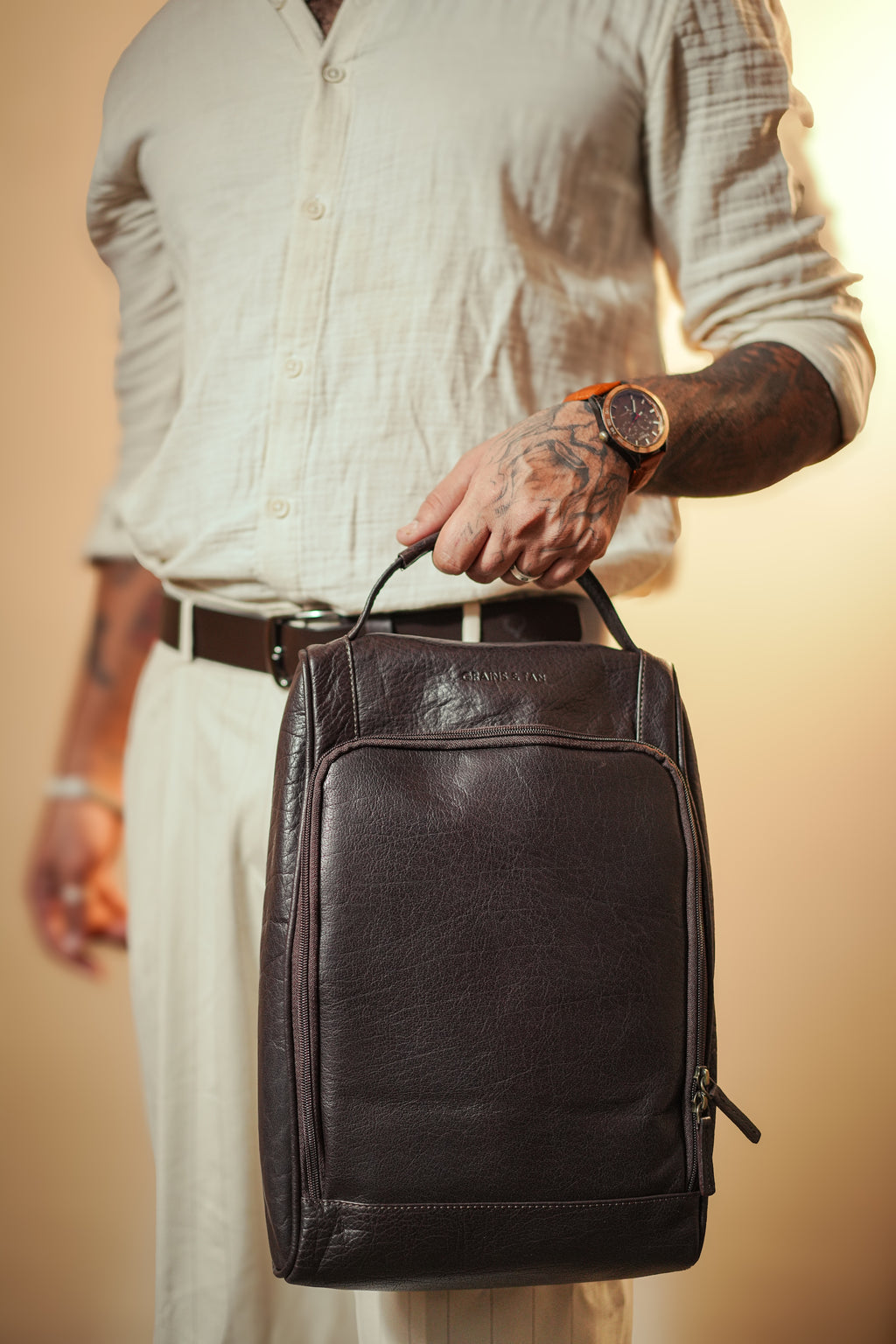 GT-SB01 Grains & Tan Full-grain Leather Shoe Bag | Premium Travel Shoe Case