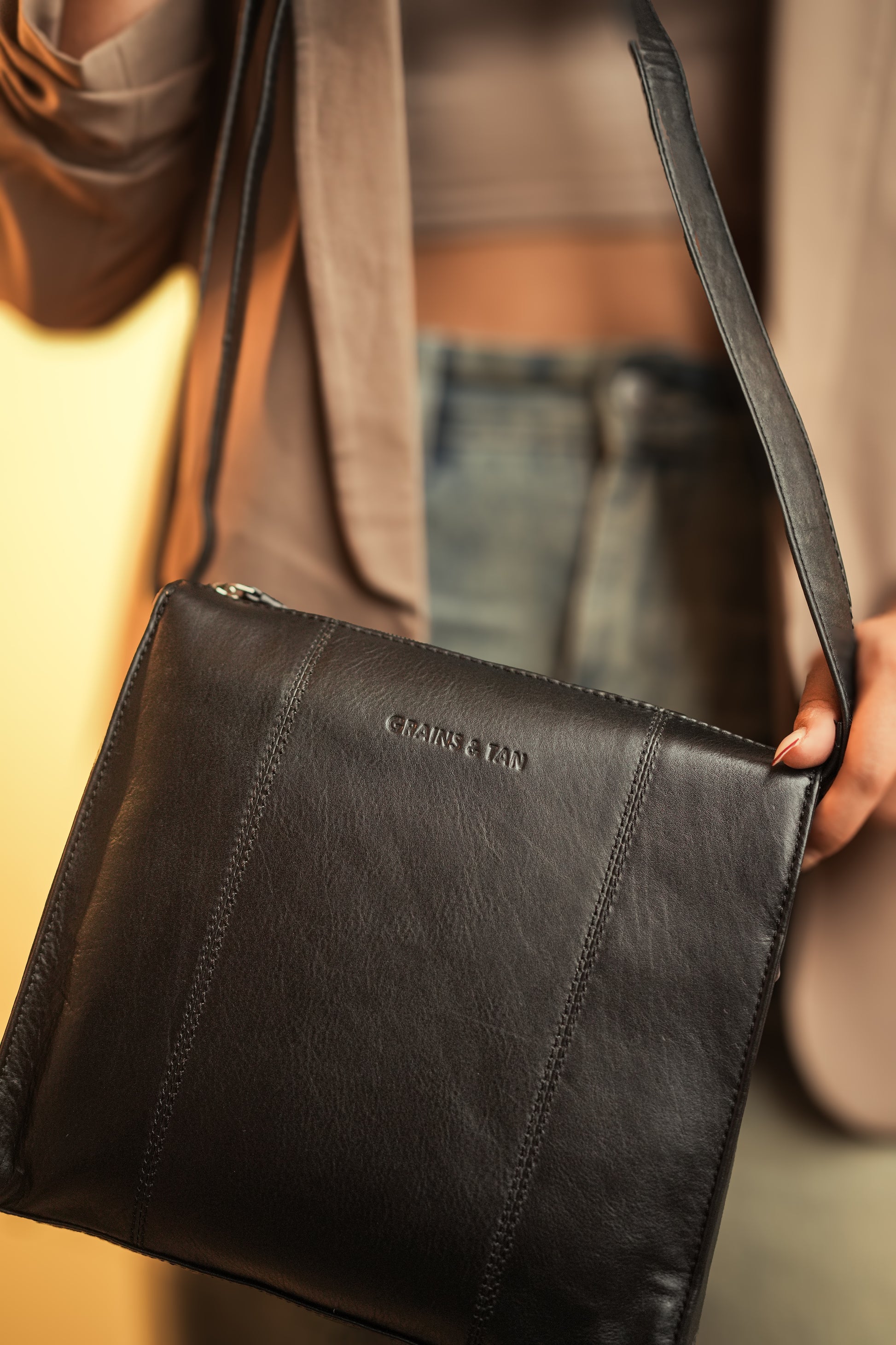 GT-H94 Grains & Tan Full-grain Leather Soft Ladies' Handbag, Crossbody Bag with Long Adjustable Strap