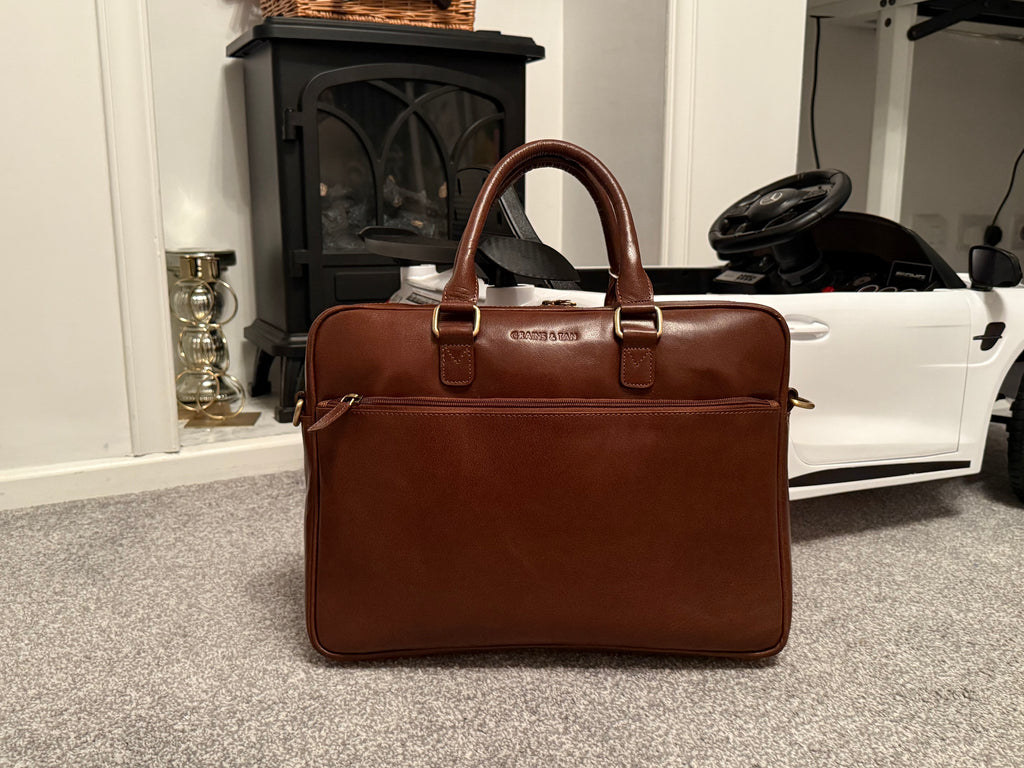 Grains & Tan Full-grain Leather Sleek Laptop Messenger Bag for 15 Inch Laptop, Long Adjustable Strap, Lightweight, Vegetable Tanned Leather