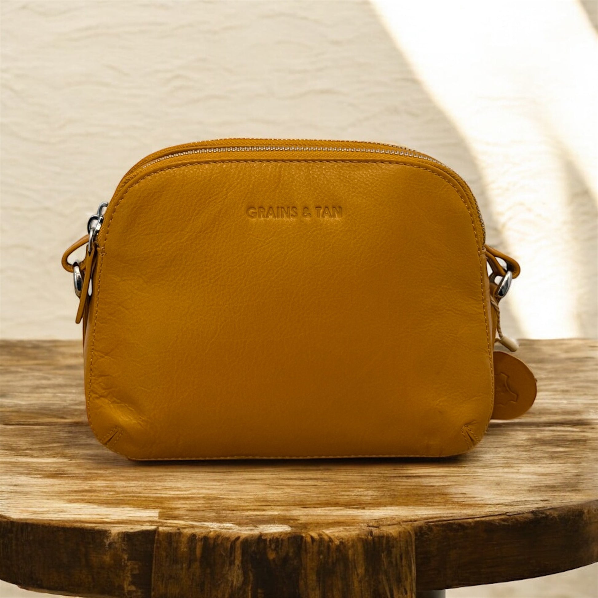 Grains & Tan Full-grain Leather Double-Zip Crossbody Bag