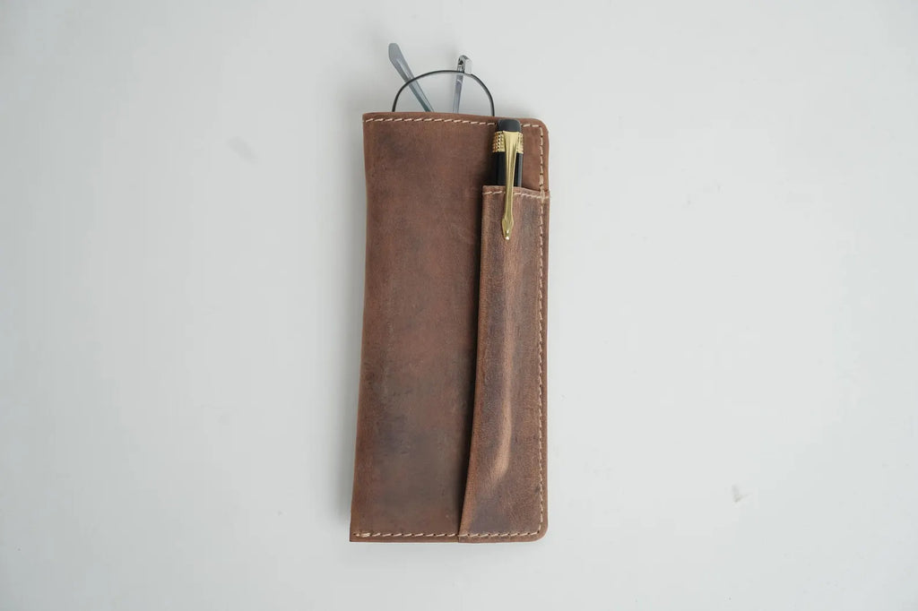 Grains & Tan Full-grain Leather Soft Glasses Case, Spectacle Case with a Pen Slot