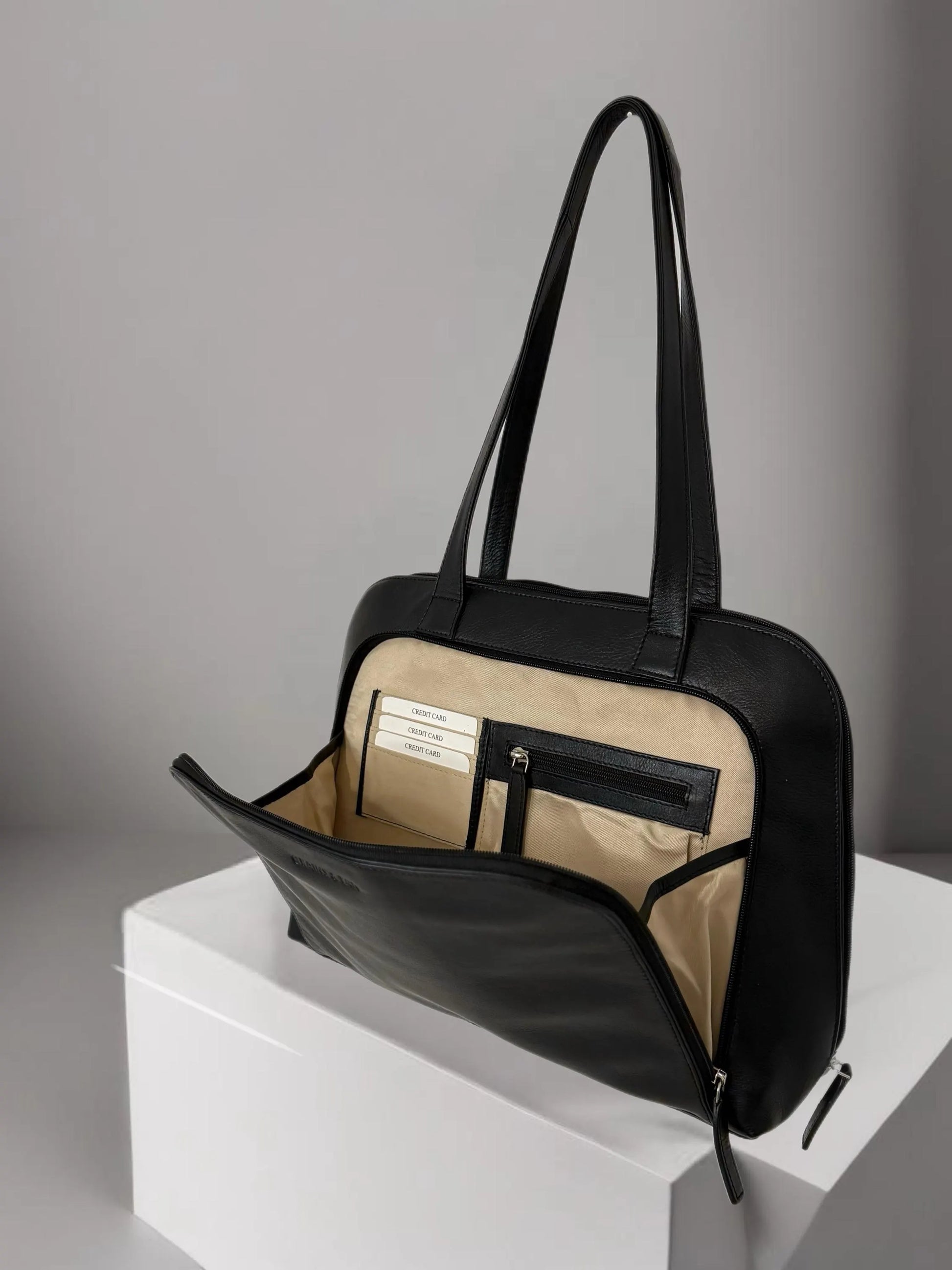 GT-H67 Grains & Tan Classic Multi-Compartment Ladies Work Bag with Long Strap, Made from Full-grain Cowhide