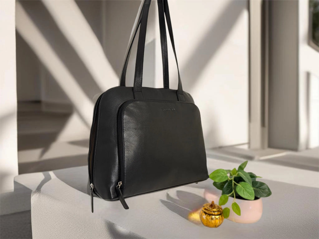 GT-H67 Grains & Tan Classic Multi-Compartment Ladies Work Bag with Long Strap, Made from Full-grain Cowhide